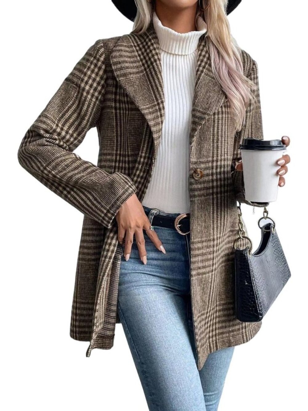 Chic Long Wool Plaid Blazer for Women | Fall Winter Trench Coat | Casual Dressy